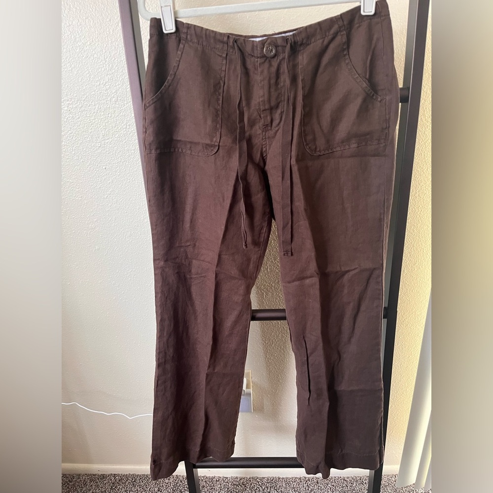 100% linen Brown Casual Drawstring Pants